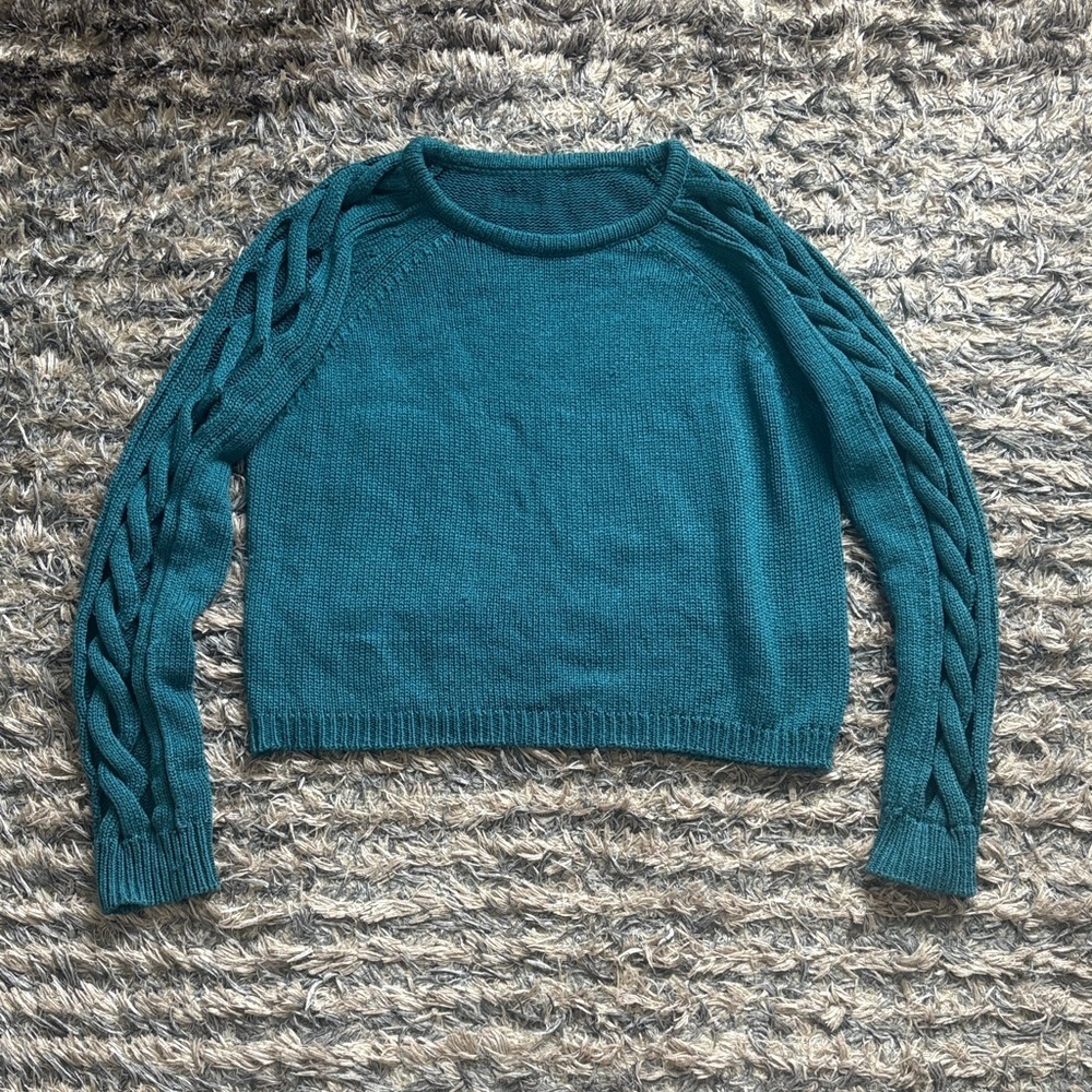 Teal Crewneck Sweater with Braided Hollow Sleeve Detail Size S